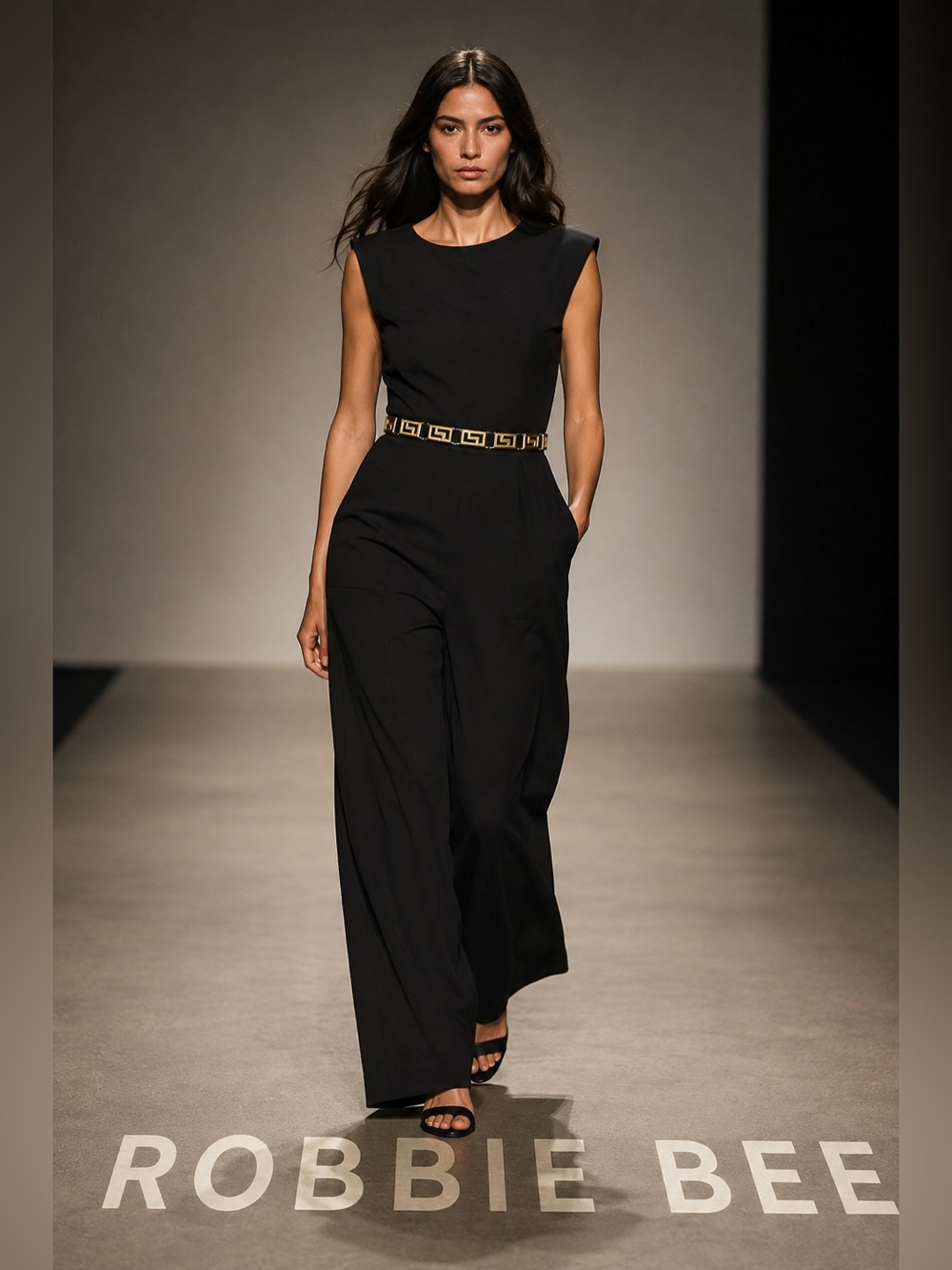 Robbie Bee Black Sleeveless Wide-Leg Jumpsuit with Gold Greek Key Belt